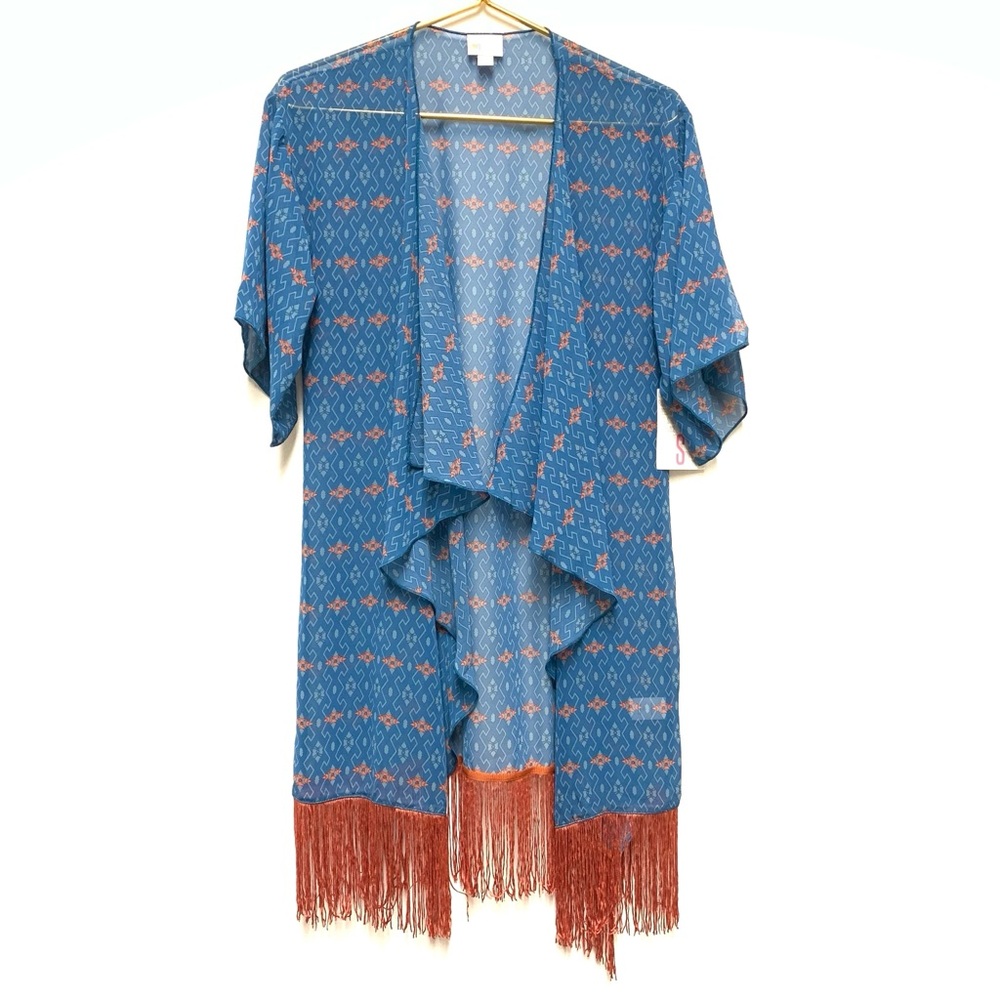 Lularoe Monroe Fringe Kimono Swim Beach Cover Up Size S (0-12) Teal Coral Aztec